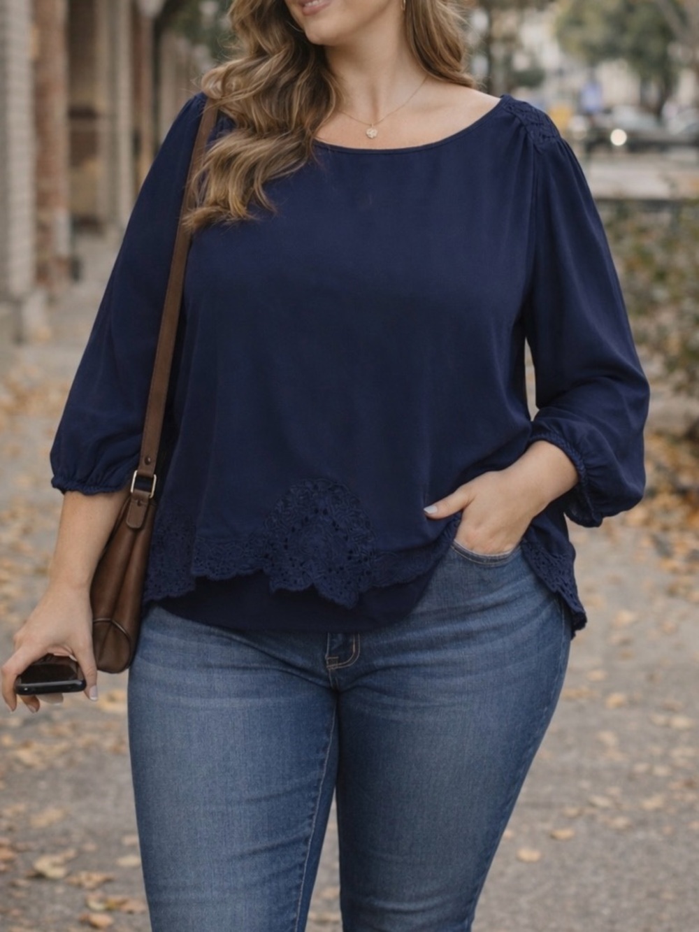 Eyeshadow Lace Trim Blouse | Navy Blue Top | Women’s 1X - Picture 1 of 5